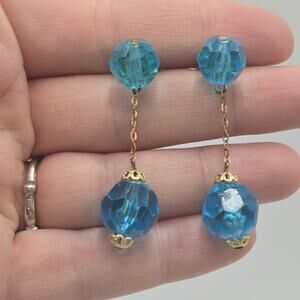 Vintage Lucite Blue Dangle Earrings Signed “Made Austria” Clip On